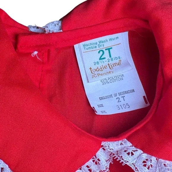 Vintage Toddler Baby Girl Red Long Sleeve Ruffle Holiday Valentine Dress Lace 2T - Picture 3 of 8